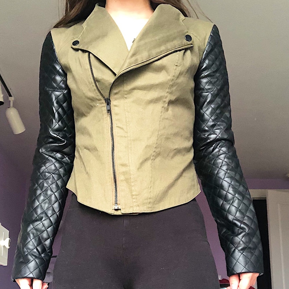 Army Green and Faux Leather Biker Jacket